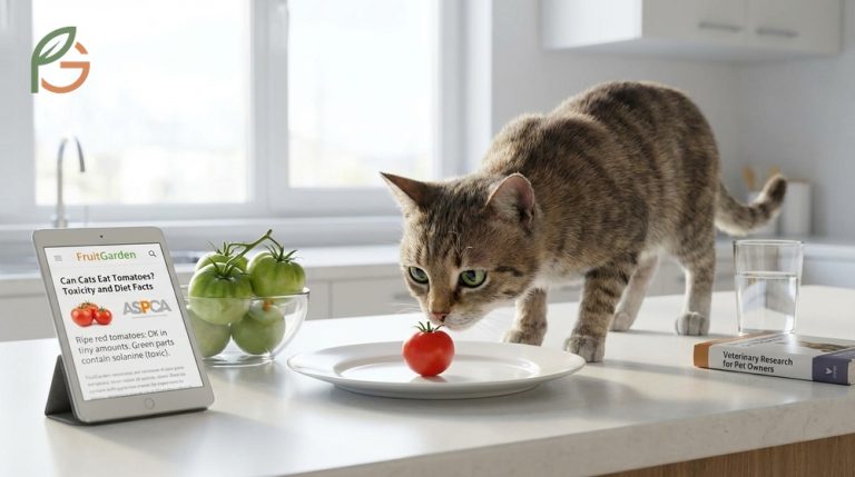 Can cats eat tomatoes safety guide explaining ripe fruit safety versus toxic solanine in green parts.