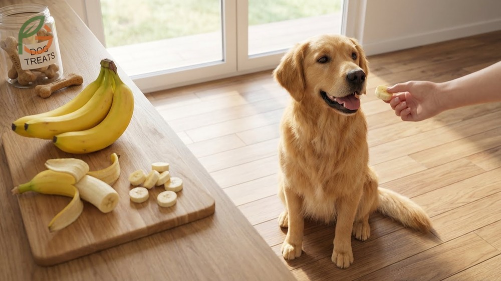 Dogs enjoying fresh bananas in moderation as a healthy treat containing potassium and fiber.