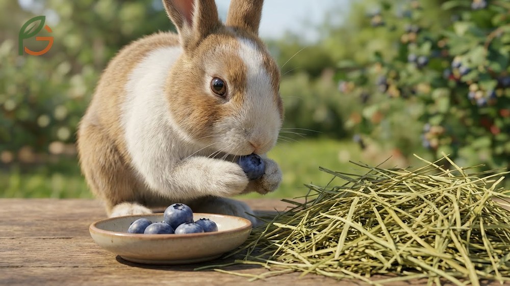 Rabbit enjoying a single fresh blueberry to illustrate safe fruit portioning and dietary moderation.