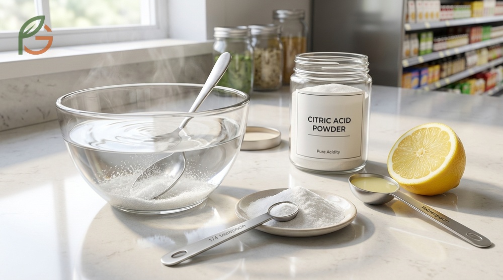 Citric acid powder acts as a potent substitute for lemon juice when dissolved in water for canning safety.