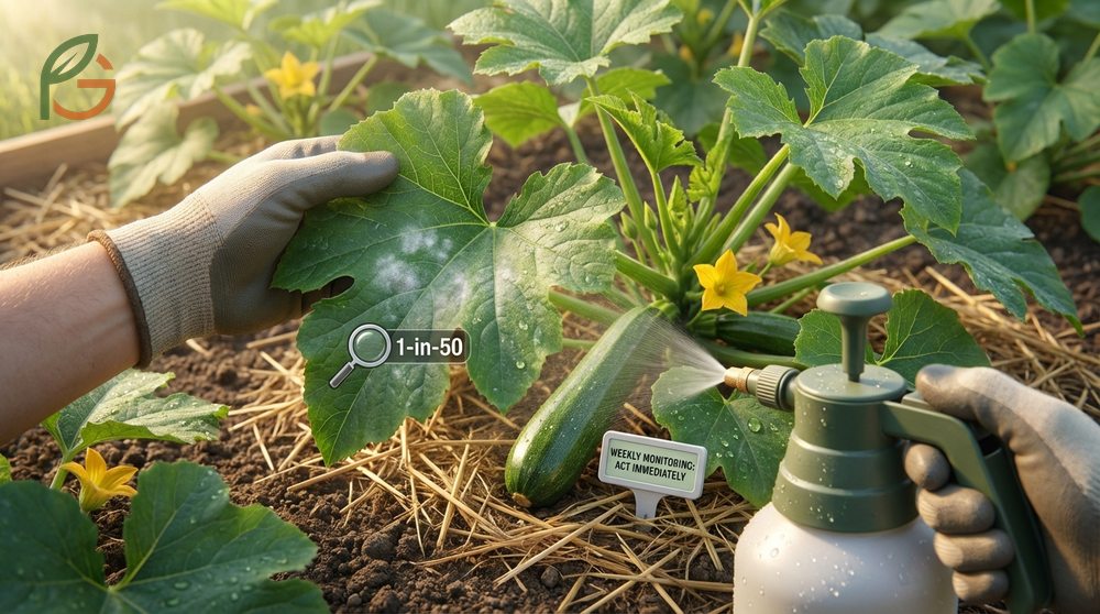 Control mildew zucchini strategies involve weekly monitoring and removing infected leaves when symptoms first appear.