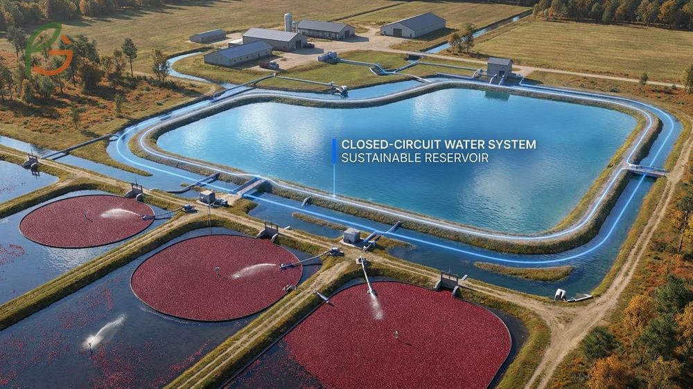 Cranberry farming water systems use reservoirs to capture rain and recycle water across multiple bog sections.