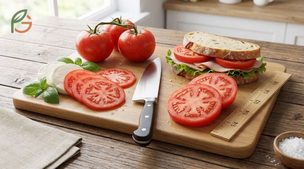 How to cut a tomato for sandwich slices about one quarter inch thick to prevent soggy bread.