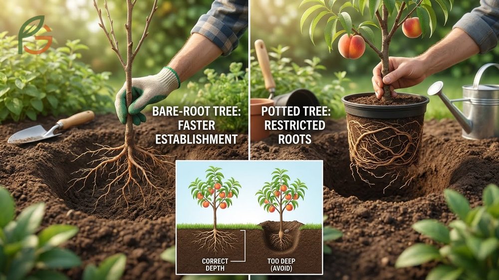 How to grow a peach tree involves digging a hole 2 to 3 times wider than the root ball for expansion.