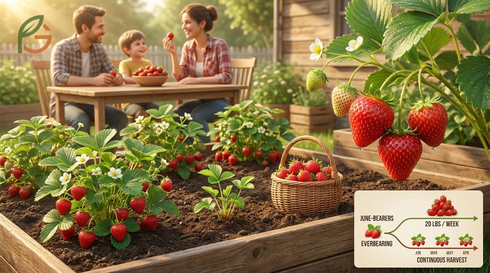 Everbearing strawberry plants yielding 40 to 70 berries across multiple harvests from spring through fall seasons.