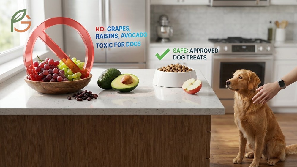 Fruits to avoid for dogs including grapes causing kidney failure and avocados containing persin toxin.