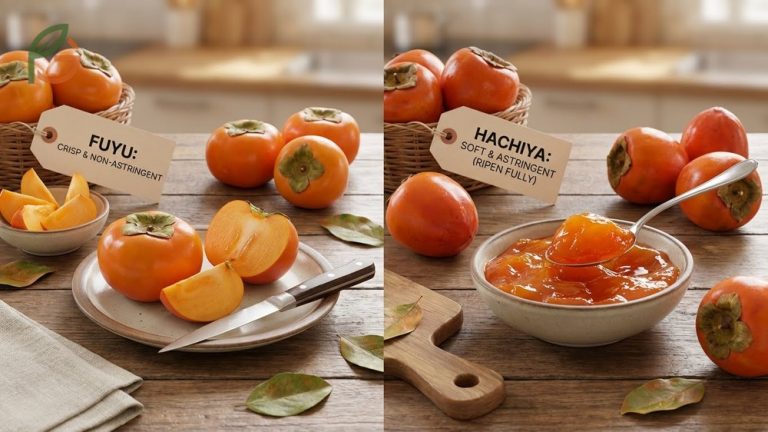 Fuyu vs Hachiya persimmons displayed side by side to show shape and color differences for easy identification.