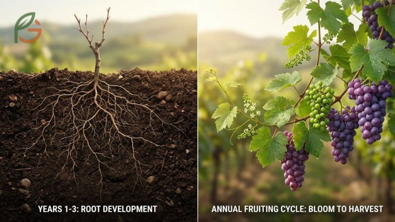 Grapevines typically require 3 years of growth to establish root systems before producing their first significant harvest.