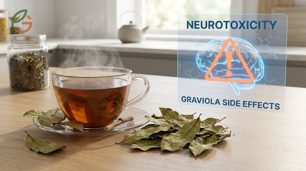Graviola side effects illustration showing 56 mg annonacin content in dried leaf tea causing mitochondrial dysfunction.