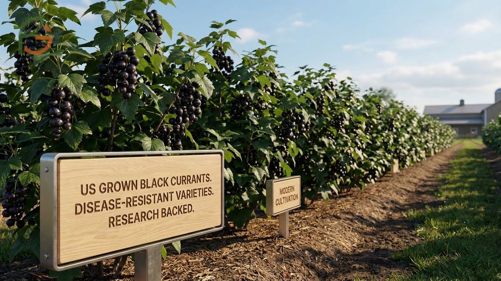 Growing black currants in USA today using disease resistant varieties like Consort and Titania in legal zones.
