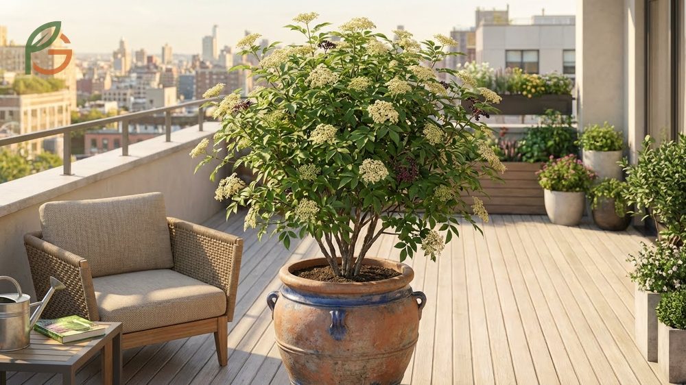 Growing elderberry in pots controls plant size to six feet while allowing cultivation on balconies and urban patios.