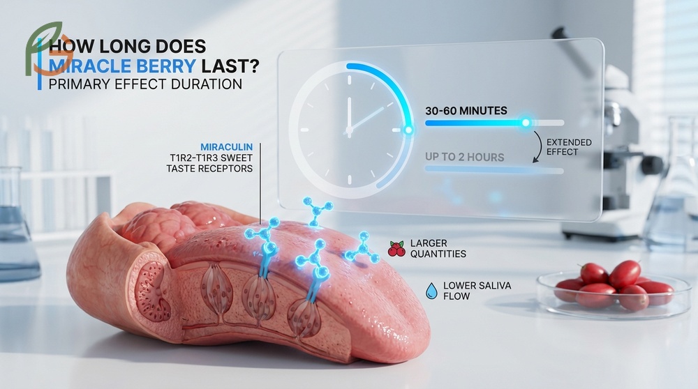 Miracle berry taste effects persist for roughly 30 to 60 minutes as saliva gradually washes away miraculin.