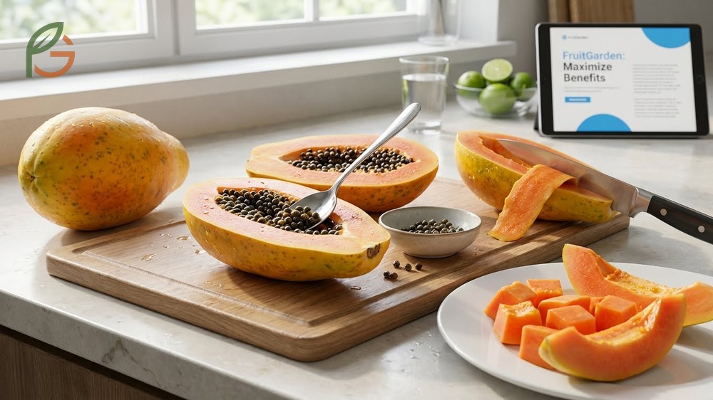 How to cut a papaya involves slicing lengthwise and scooping seeds for a quick and easy preparation.