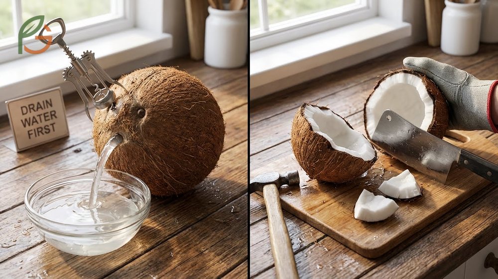 How to open a coconut involves draining the water first and then cracking the shell along its equator.