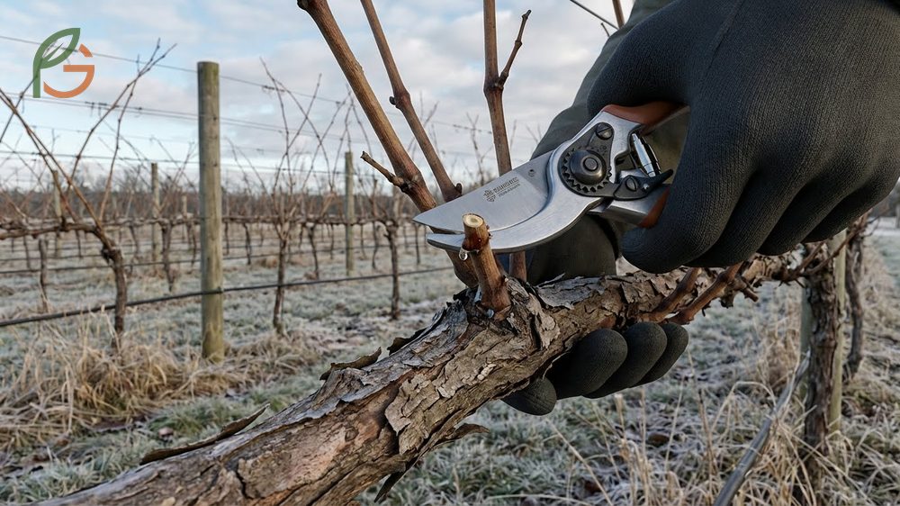 How to prune muscadine grape vines involves cutting back previous growth to spurs with 2 to 4 buds each.