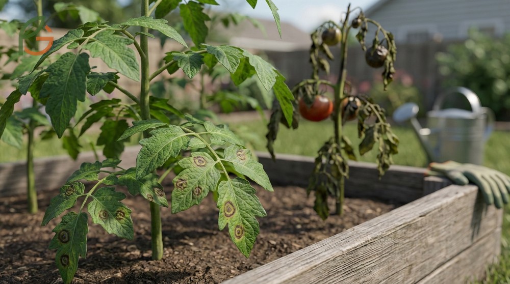 Blight on tomato plants manifests as early blight with target rings or late blight with water soaked lesions on leaves.