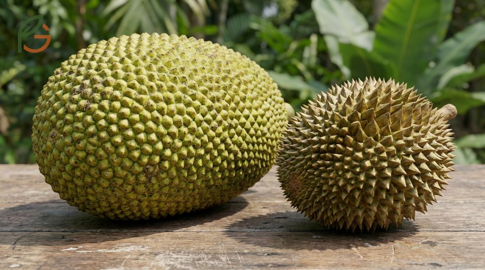Jackfruit vs durian key distinctions zooming in on the sharp thorns of durian versus the blunt bumps of jackfruit.