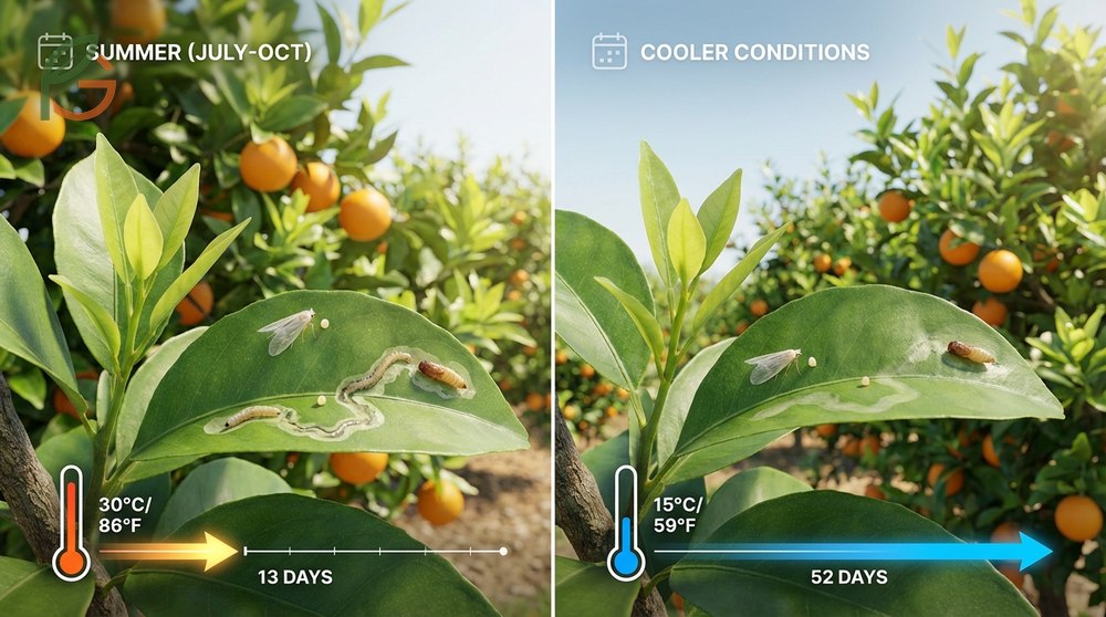Leaf miner control timing identifying infestation stages like silvery trails and active larvae.