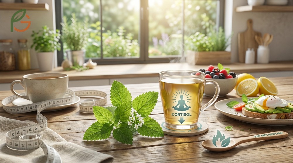 Lemon balm for weight loss preparation aimed at reducing cortisol levels and supporting fat metabolism naturally.