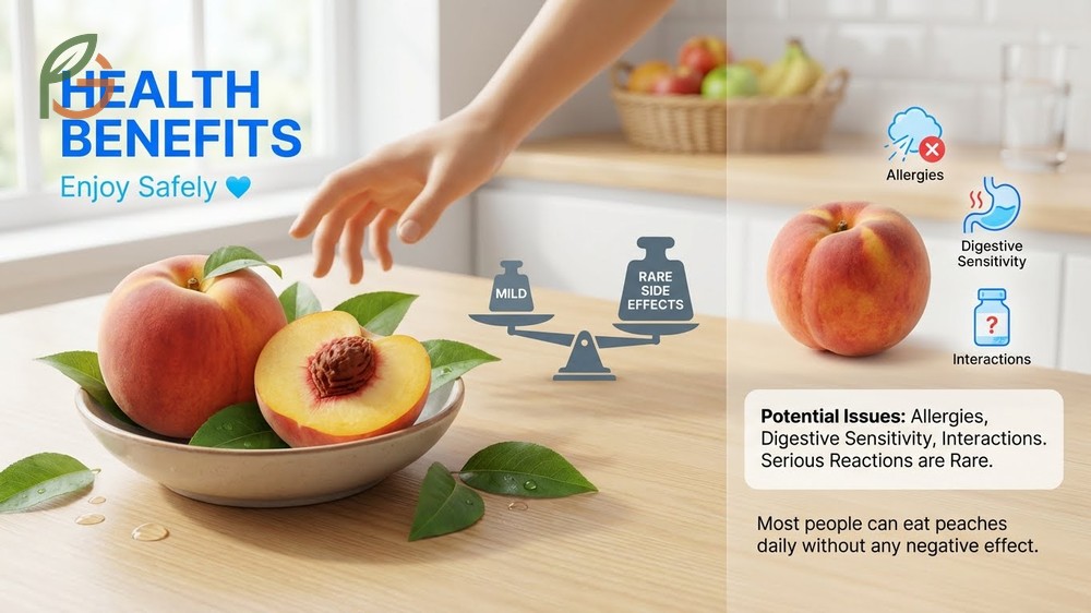 Peach benefits and side effects discussing rare allergies and tolerance for people with acid reflux or digestive sensitivity.