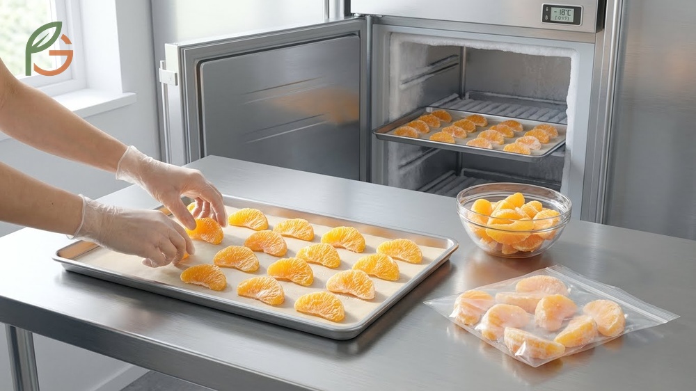 Preserve oranges freezing segments by flash freezing peeled pieces for 2 to 3 hours on a baking sheet.