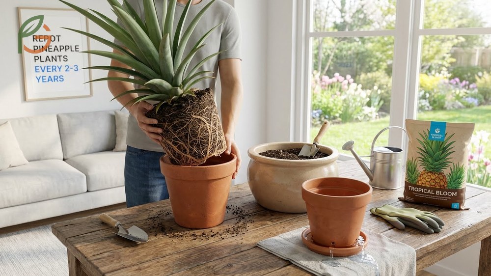 A gardener repotting a root bound pineapple plant into a larger container with fresh soil.