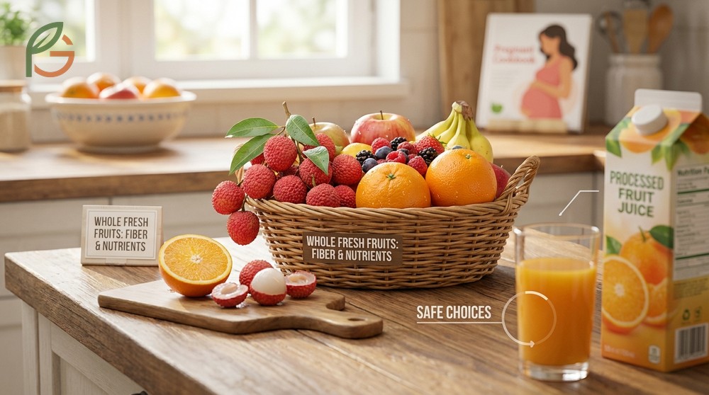 Safe fruit pregnancy selection involves choosing fresh red lychees and washing them thoroughly to remove potential surface contaminants.