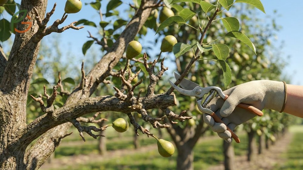 Spur pruning for fruit production involves thinning clusters to 4 to 6 inches apart for larger quality fruit.