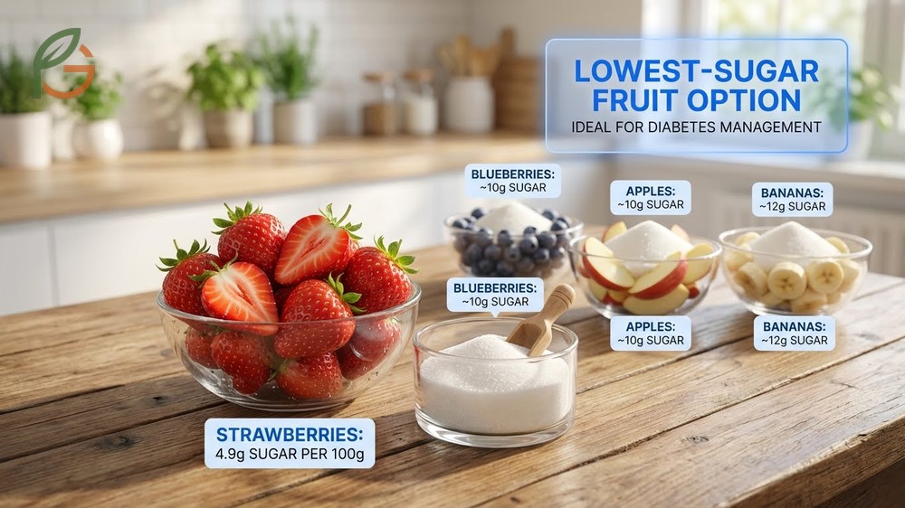Fresh strawberries showing natural sugar content of 7 grams per cup compared to processed sugary snacks.