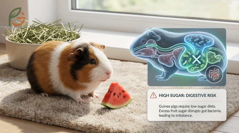 Sugar content for guinea pigs in watermelon is 6.2g per 100g which may cause digestive issues.