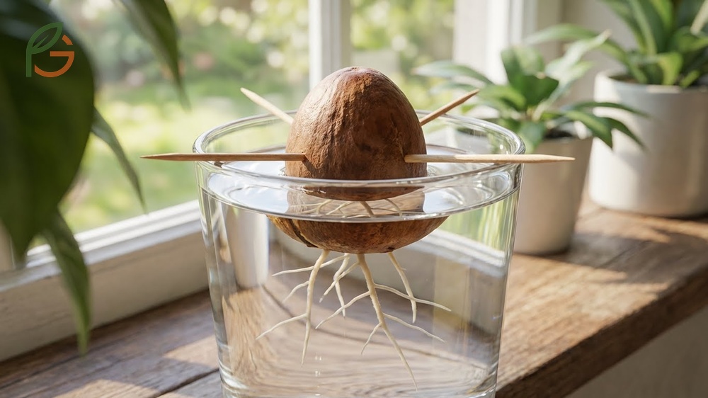 Traditional water method where an avocado seed is suspended over a glass with toothpicks to monitor root growth daily.