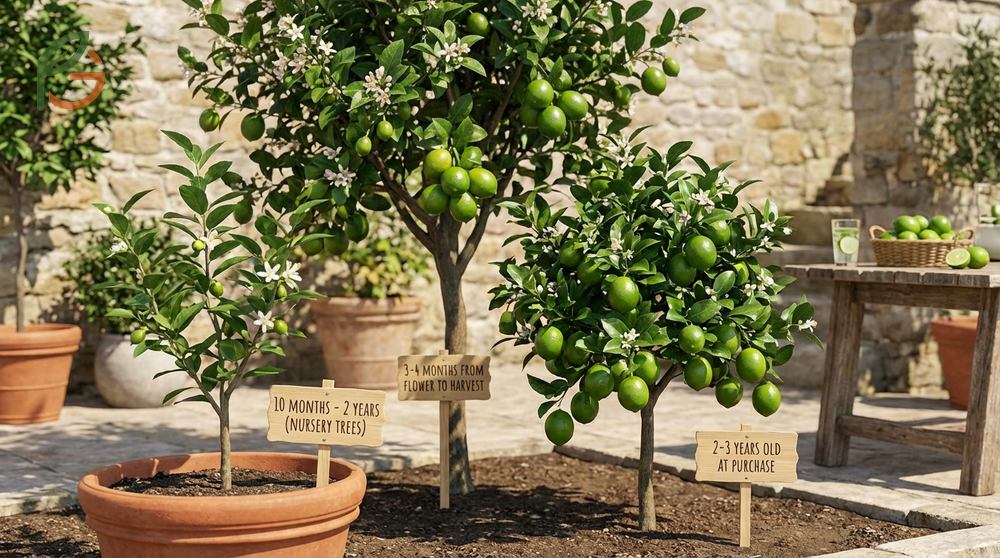 When do lime trees produce fruit depends on consistent temperatures between 55-85 degrees Fahrenheit.