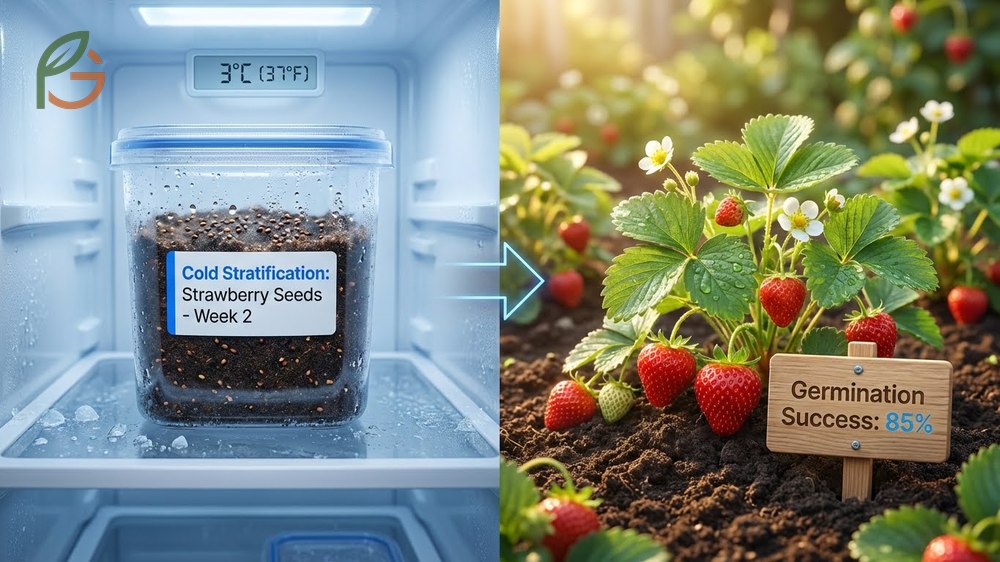 Cold stratification strawberry seeds involves refrigerating moist seeds for two to four weeks to mimic winter conditions.