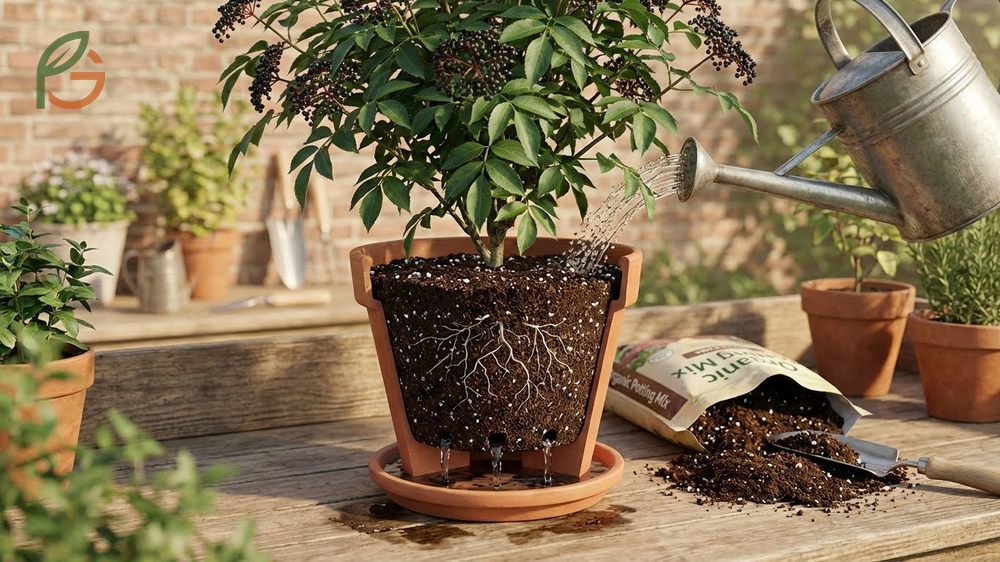 Container elderberry growing requires a high quality potting mix with compost and daily watering to prevent root rot.