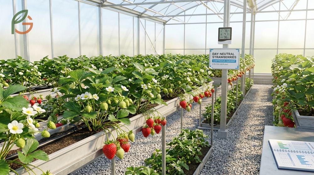 Differences between day neutral strawberry varieties and other types regarding continuous flowering and day length sensitivity.
