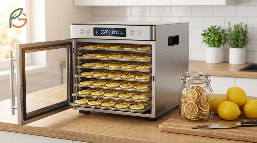 Electric dehydrator trays filled with lemon slices set at 135 degrees Fahrenheit for optimal preservation.