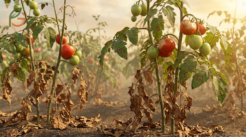 Early blight on tomato plants causes leaves to turn yellow and drop while exposing developing fruit to damaging sunscald.