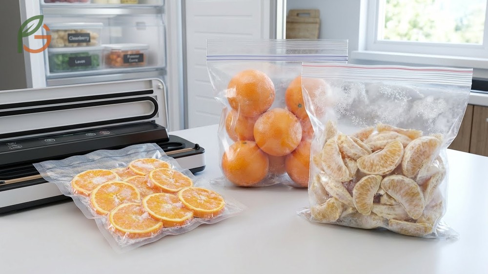 Frozen orange storage requires heavy duty bags or vacuum sealing to maintain quality for 10 to 12 months.
