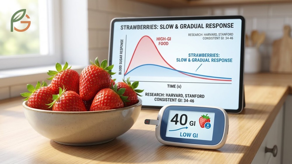 Fresh strawberries representing a low glycemic index of 40 which prevents rapid blood sugar spikes compared to high GI foods.