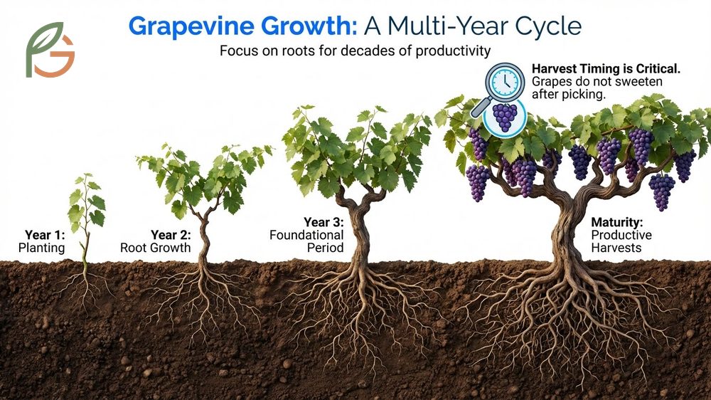 The timeline from planting to first harvest involves a foundational period where vines focus on root and trunk development.