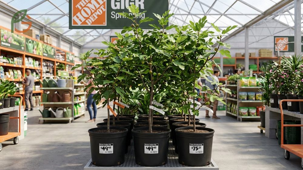 Home Depot fig tree inventory showing 5-gallon Brown Turkey varieties starting at $49.48 in garden centers.