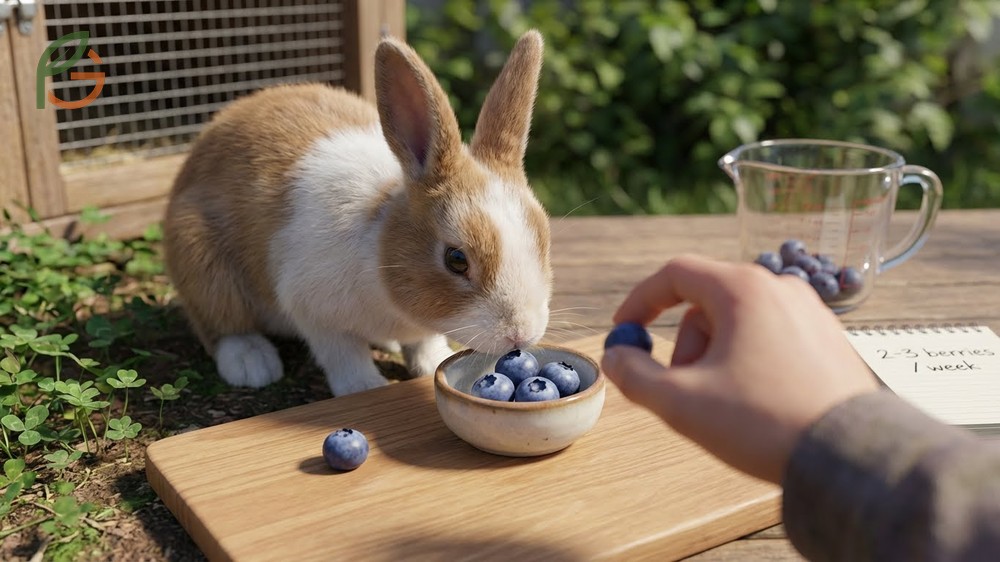 Two to three fresh blueberries shown as the ideal weekly serving size for adult rabbits to prevent digestive issues.