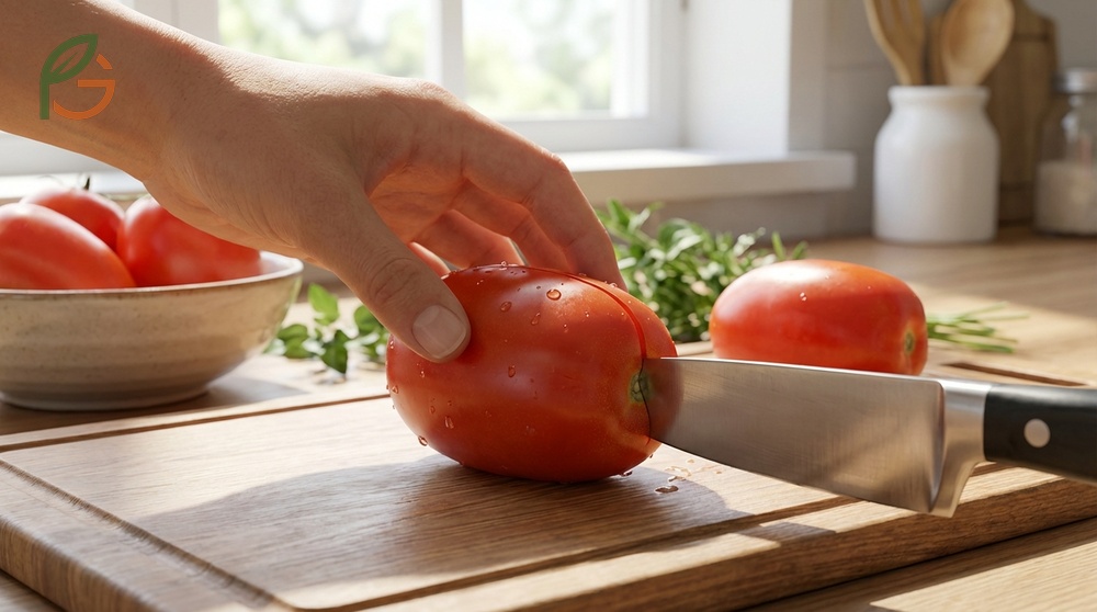 How to cut Roma tomatoes by slicing lengthwise and making vertical cuts for uniform diced pieces.
