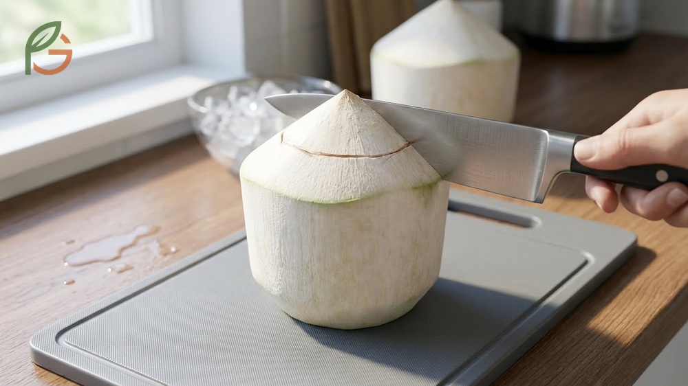 How to open a young coconut requires using a sharp knife to carefully shave the white husk and expose the soft inner shell.
