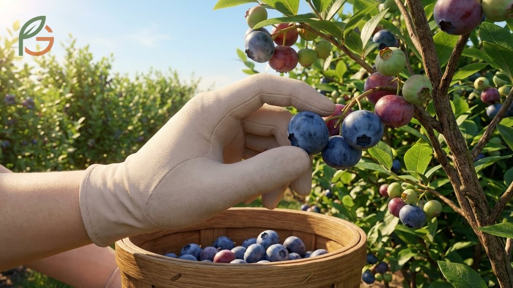 How to pick blueberries by identifying deep blue ripe fruit and using gentle rolling motions.