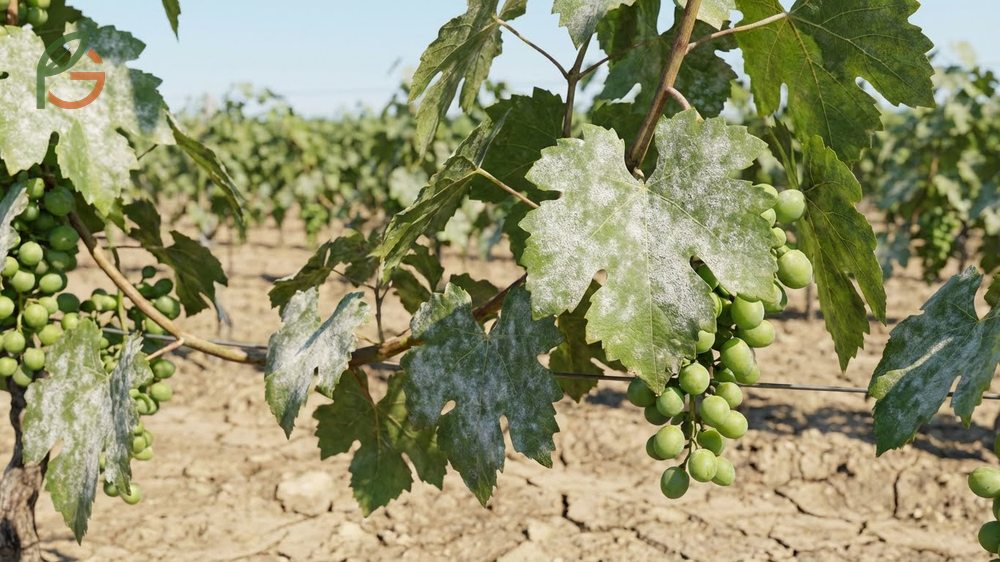 Powdery mildew on grapes symptoms showing white powdery coating on leaves and berries with incubation periods as short as 5 to 6 days.