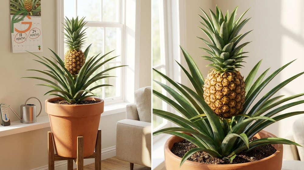 A ripe golden pineapple fruit developing on an indoor plant after ethylene treatment.