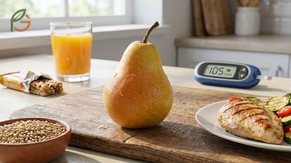 Nutrient dense pear offering vitamins and fiber to support insulin sensitivity and overall metabolic health.