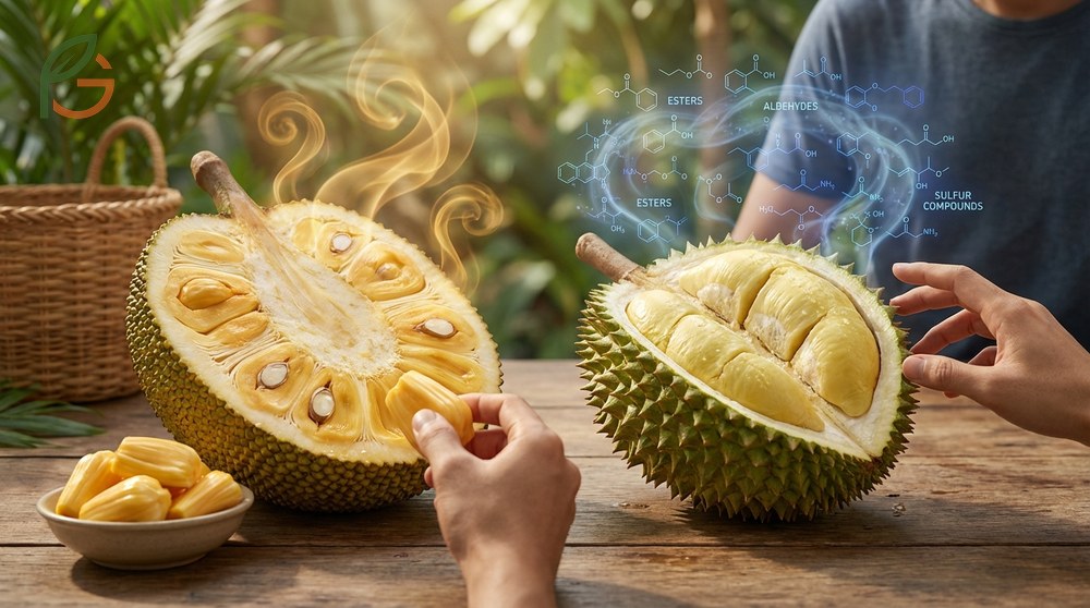 Jackfruit durian difference in taste depicted by sweet yellow jackfruit bulbs and creamy pungent durian flesh.