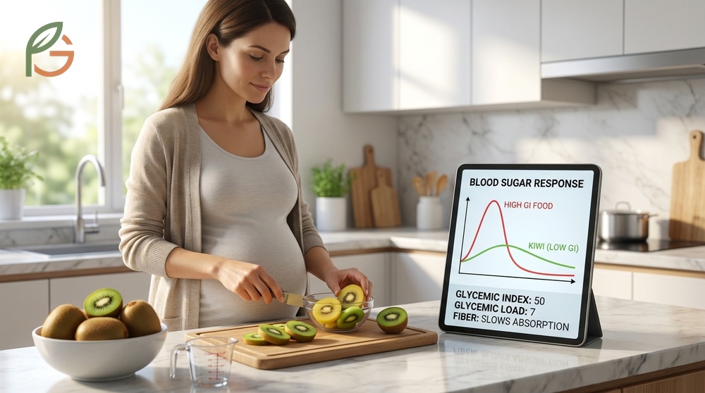 Kiwi for gestational diabetes is a safe choice with a low glycemic load of 7 that prevents blood sugar spikes.